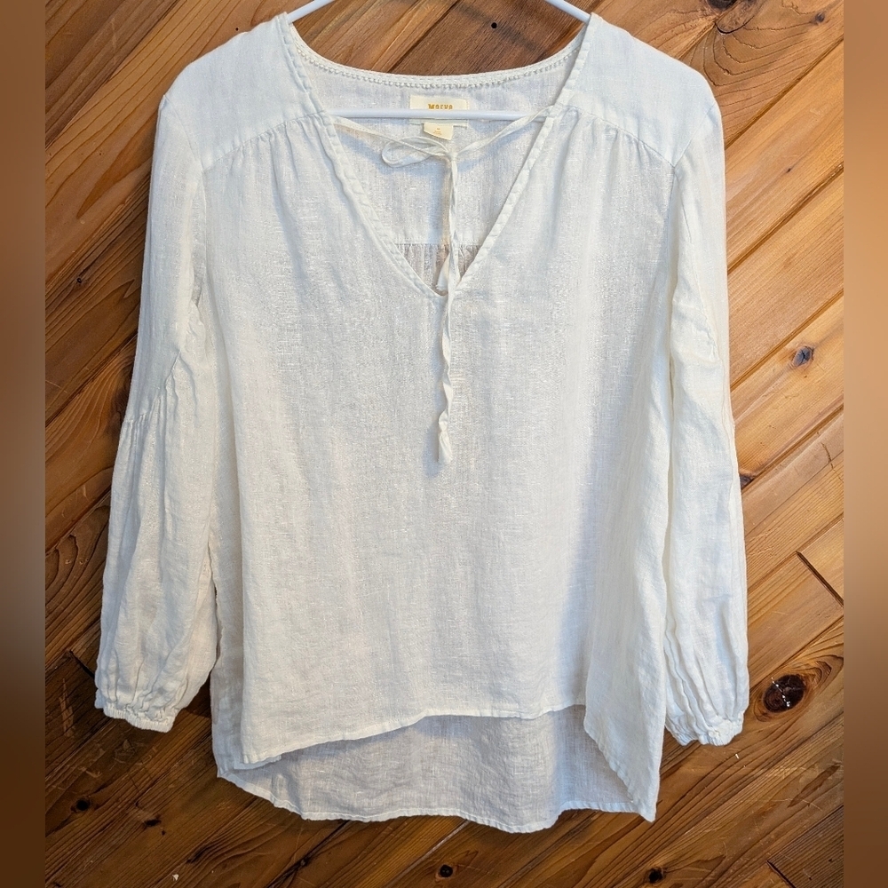Maeve Linen Off-White Blouse with Tie Detail Size Medium